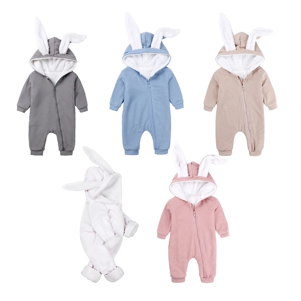 Newborn Baby Cartoon Long Ear Rabbit Jumpsuits Snowsuit Warm Fleece Hooded Romper, Sizes and Styles Selectable