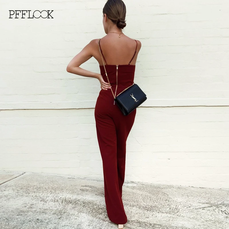 Летний красный женский комбинезон PFFLOOK на бретелях спагетти с открытой спиной