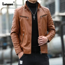 

Ladiguard Plus Size Mens Pu Leather Jackets 2022 European Style Fashion Zipper Jacket Khaki Red Ruched Faux Leather Overcoats