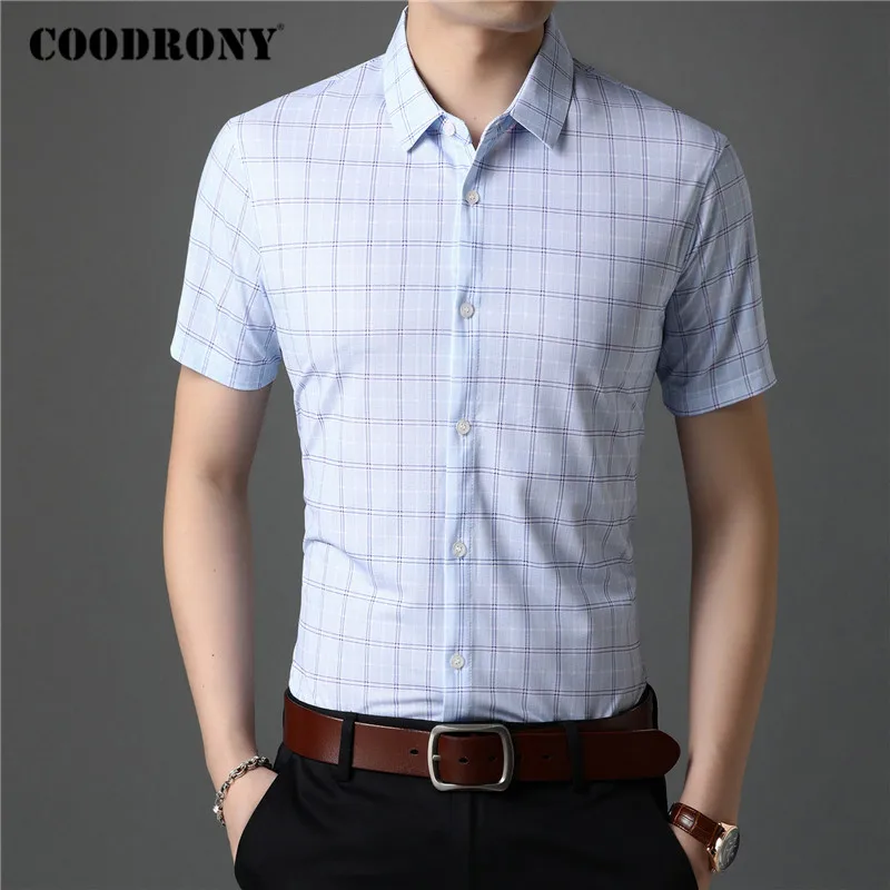 

COODRONY Men Shirt Spring Summer Short Sleeve Business Casual Shirts Fashion Classic Plaid Camisa Masculina Mens Clothing C6011S