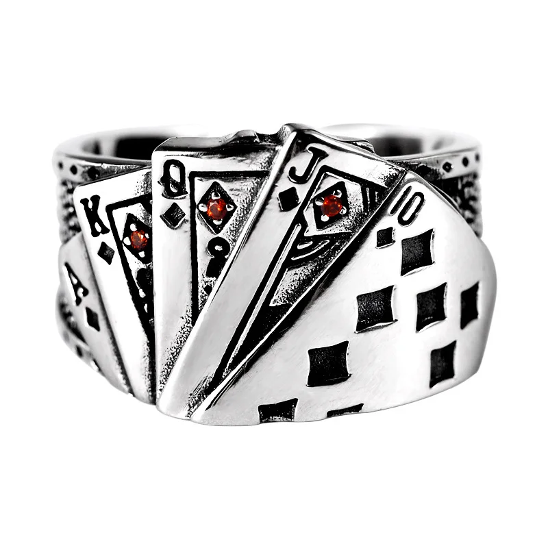 KOFSAC Trendy Creative Card A K Q J Ring For Men Jewelry Vintage Open Size 925 Sterling Silver Ring Boy Gifts Party Accessories silver ring,silver rings