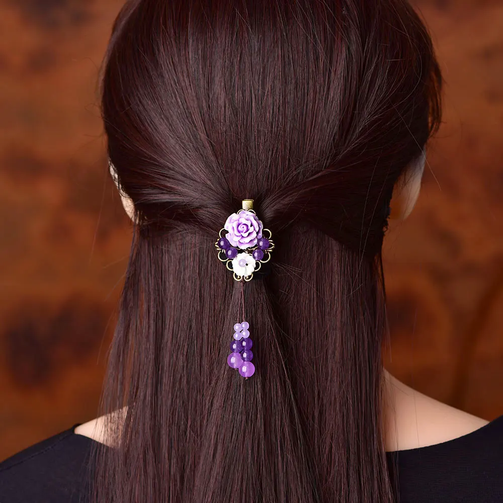 

Purple jade Vintage Hairpin Headwear Ornaments Barrettes Seashell Resin Flower Hair Jewelry Women Hair Clip Head Accessories