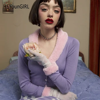 

New Sexy Patchwork Furry Cardigan Women Autumn Long Sleeve Crop Knitted Sweater Kawaii Korean Jumper Ladies Knitwear Winter