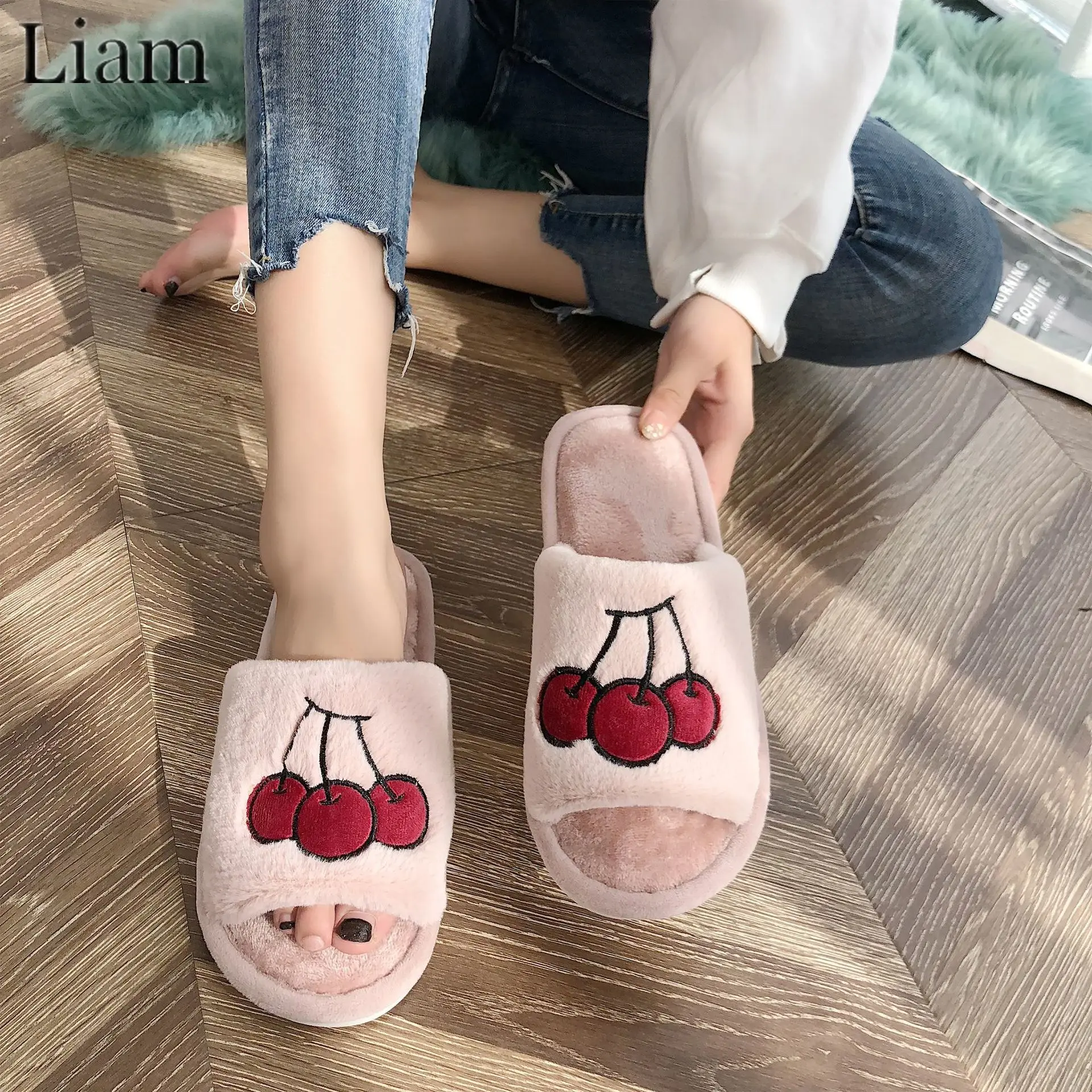 Liam Fruit Print Slipper Winter Warm Cute House Shoes Comfortable Open Toes Non Slip Fuzzy Slides zapatos de mujer