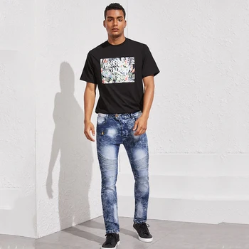 

Men Stretchy Ripped Skinny Biker Embroidery Print Jeans Taped Slim Fit Denim Scratched High Quality Jean for men