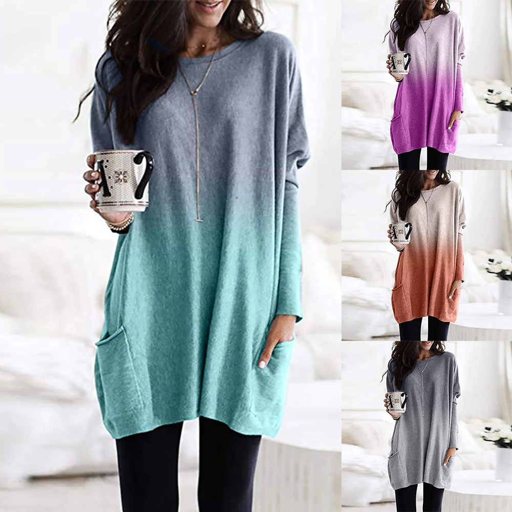 Градиентная Женская Осенняя блузка с карманами пуловер длинным рукавом и