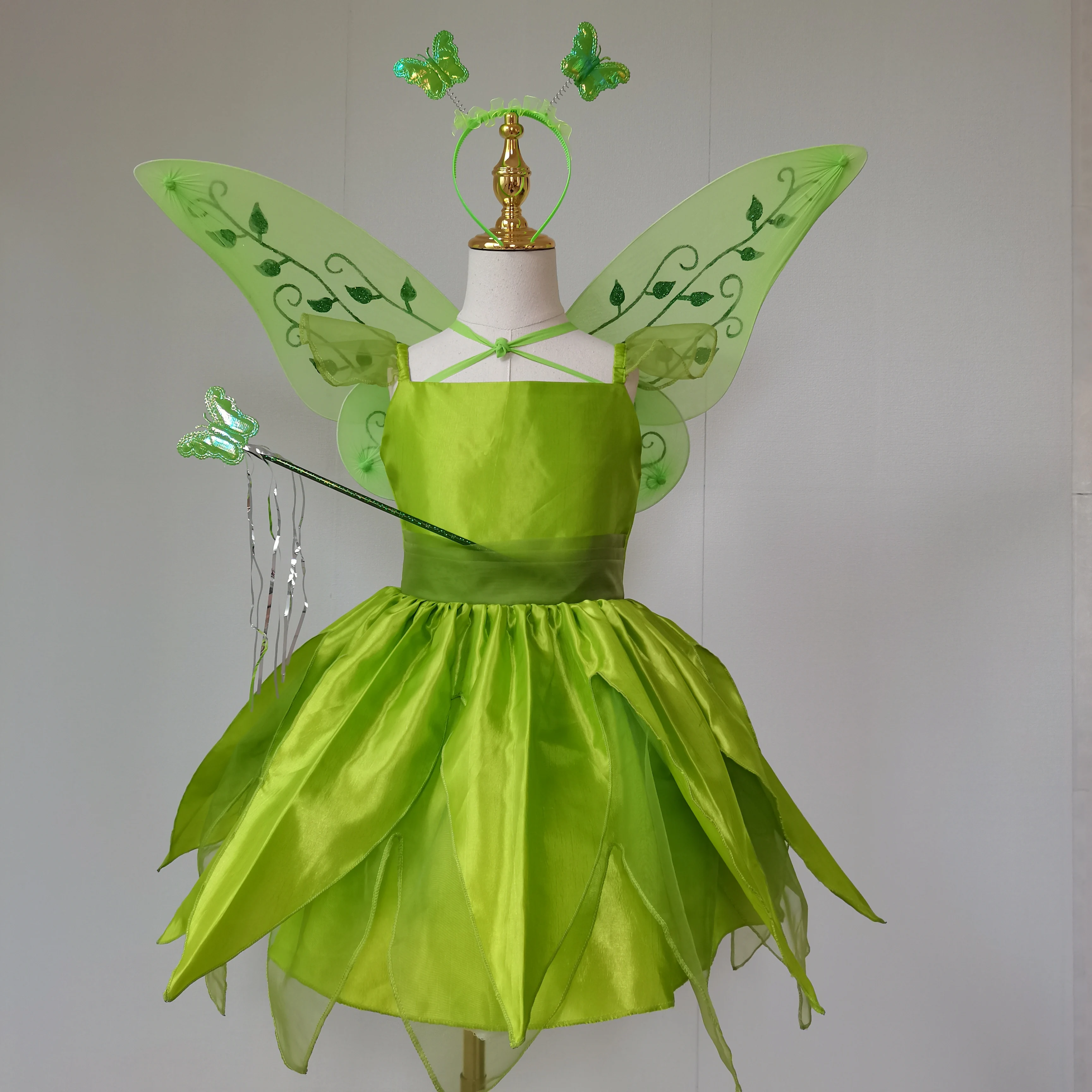Girls Tinkerbell Costume Dress Up Fancy Fairy Princess Halloween Party Dress With Butterfly Wings 