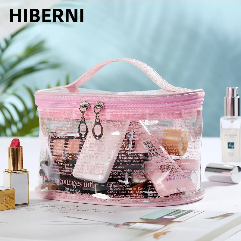 

HIBERNI transparent cosmetic bag PVC newspaper pattern ladies zipper storage bag waterproof portable shower cosmetic bag