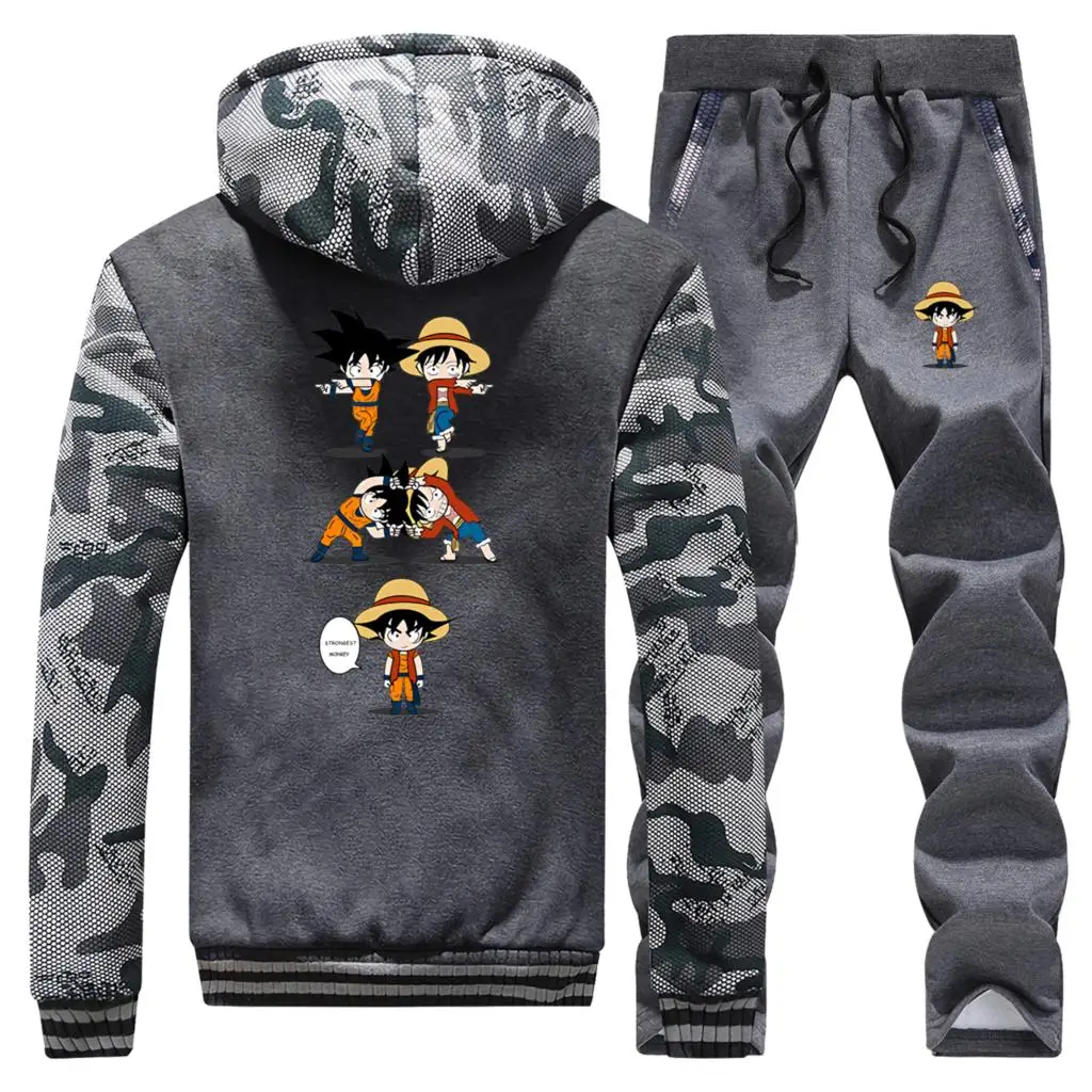 Зимние толстовки Dragon Ball и one piece Luffy, мужской костюм, пальто, толстые теплые куртки, камуфляжные толстовки с капюшоном+ комплект из 2 предметов, штаны
