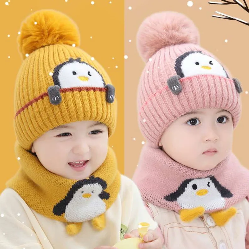 Baby Knitted Hat Scarf Set Autumn Winter Keep Warm Thicken Cap For Girls Boys Cute Cartoon Penguin Caps Beanies Scarf Baby Stuff baby knitted hat scarf set autumn winter keep warm thicken cap for girls boys cute cartoon penguin caps beanies scarf baby stuff