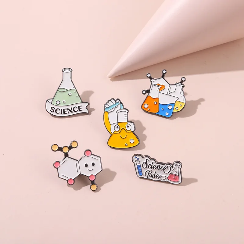 Creative Chemistry Molecular Beaker Equation Metal Enamel Brooch Cartoon Microscope Love Test Tube Bottle Badge Pin Jewelry enamel pins,cartoon brooch,pin brooches,clothing brooch,enamel brooches,metal brooches