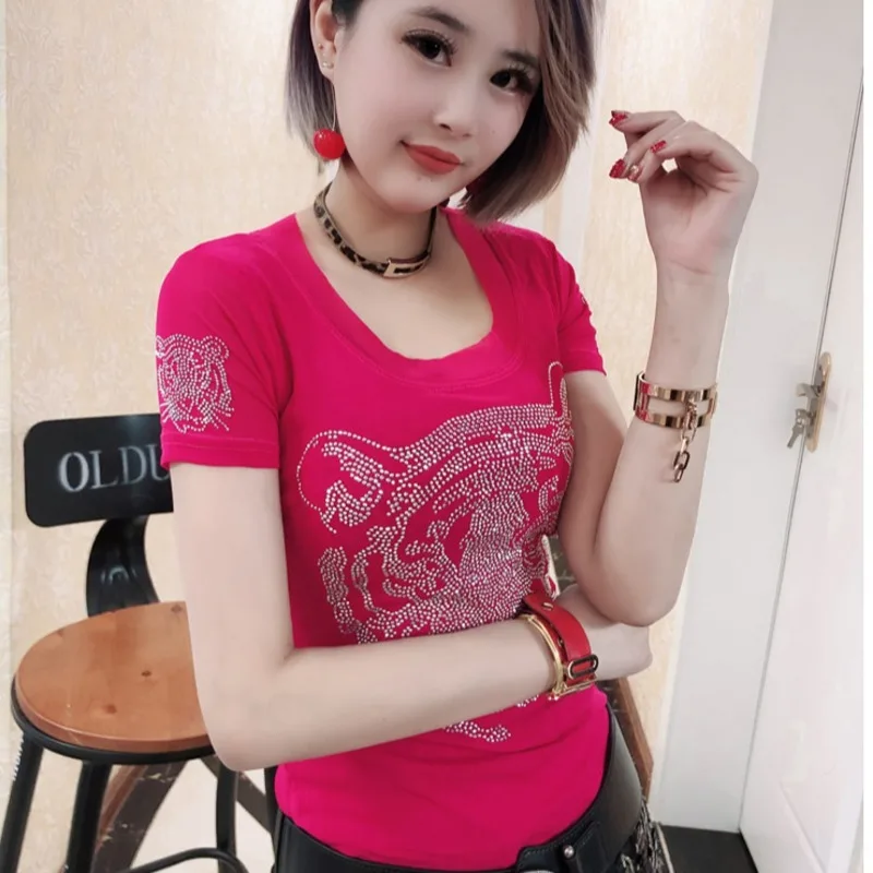 

#7107 Summer T Shirt Women Tiger Diamonds Slim Sexy Thin O-neck Casual Streetwear Hip Hop T Shirt Women Punk Womens Tee Shirts