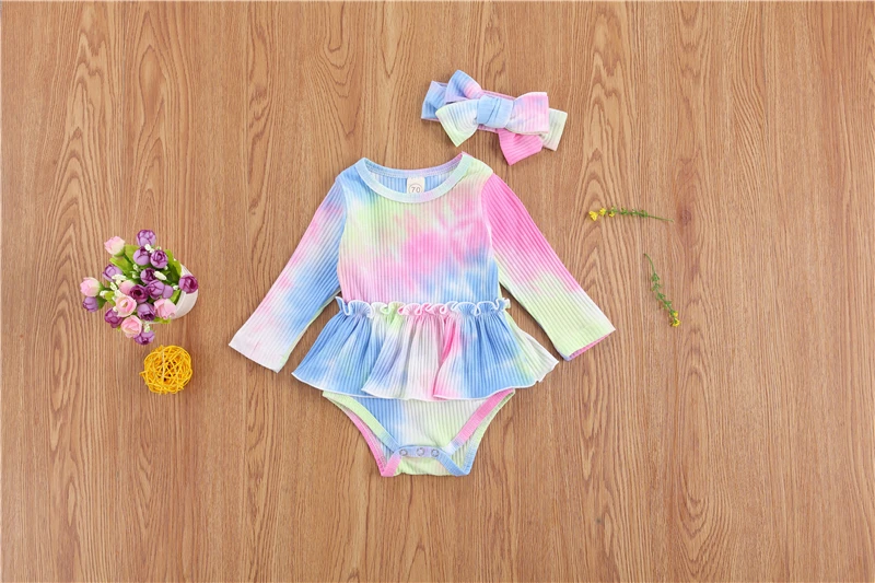 

Girls Tie-dye Clothes Set, Toddler Long Sleeve O-neck Jumpsuit with Ruffle Hem + Bow-knot Headband for Spring, Fall Kids clothes