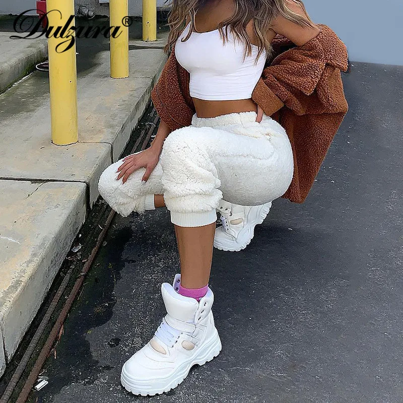 Najtaniej Dulzura 2019 jesień zima kobiet spodnie z wełny owczej wysokiej talii streetwear festiwal ubrania spodnie na co dzień plus rozmiar ciepłe