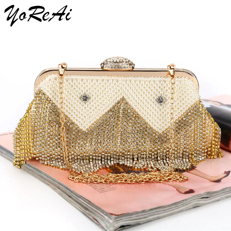 

YoReAi Women's Wedding Clutch Bag Luxury Rhinestone Tassel Handbag Banquet Gold Chain Party Evening Pearl Bags Shoulder Purse