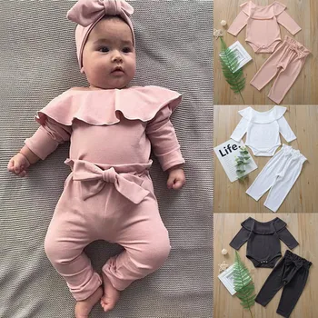 

NEW Fashion Newborn Infant Baby Girls 2pcs Long Sleeve Frilled Solid Ruffled Romper Bodysuit Bow Pant Sets Autumn набор Outfits