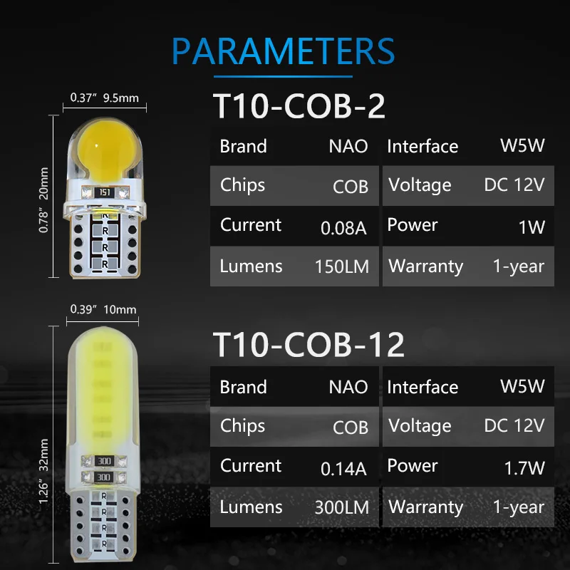 Автомобильная светодиодная лампа NAOEVO T10 W5W 12 В WY5W 5W5 внутренняя фара COB двигатель