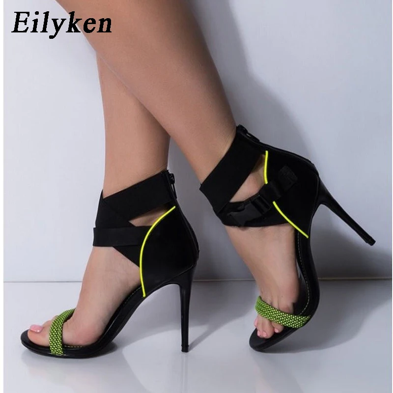 Eilyken/Модные женские босоножки на высоком каблуке пикантная обувь с открытым носком и ремешком на щиколотке сандалии на молнии с перекрестными ремешками женская обувь
