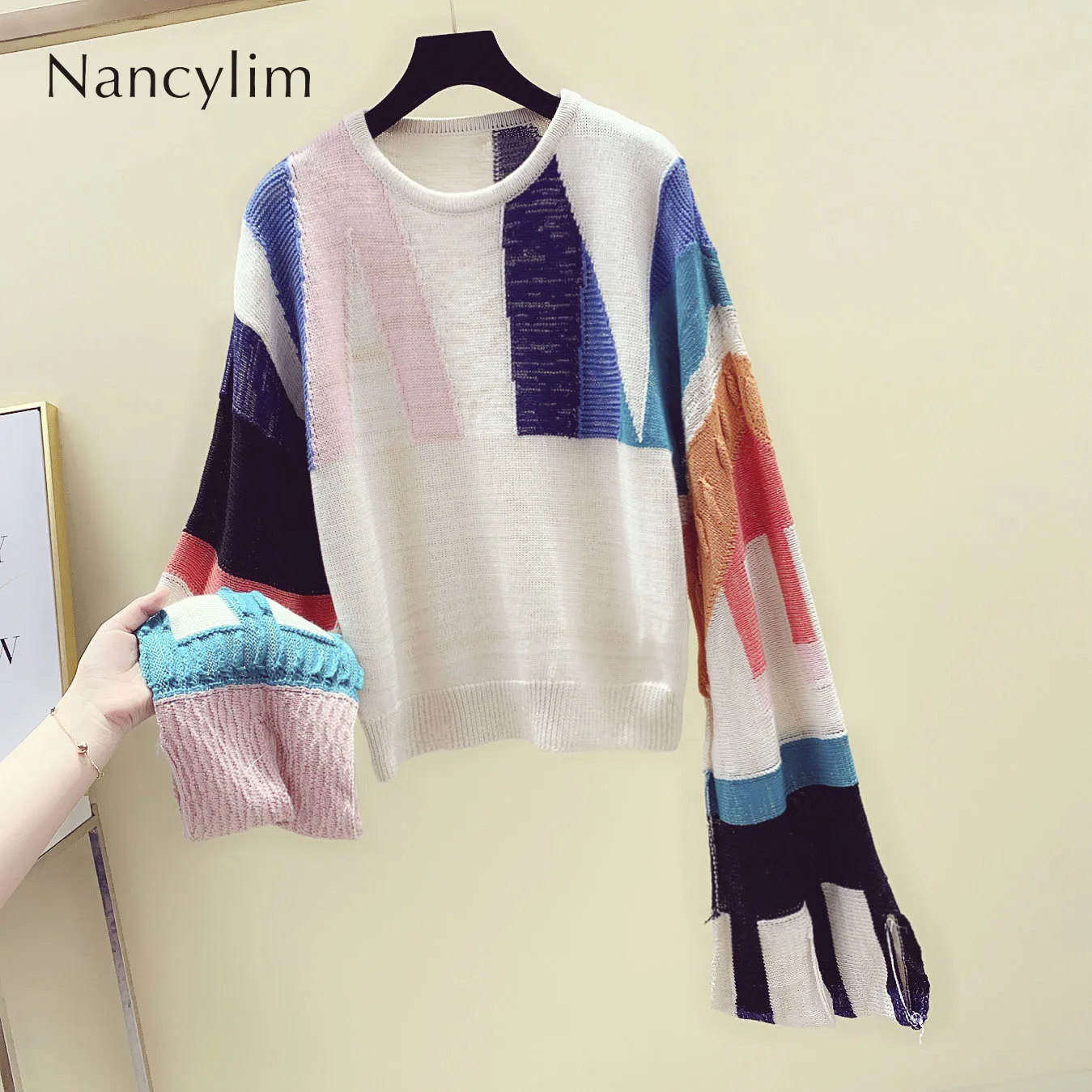 

2019 Spring Autumn Pull Sweater for Woman Loose Streetwear Long Sleeve Sweater Female Student O Neck Color Patch Jumper Knitwear