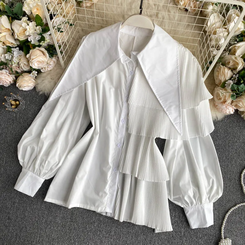 Mulheres Coreano Doces Cores Camisa Fritos Rua Outono Camisas Irregular Puff Manga Plissado Topo Feminino Blusa Pl461 4 High Quality Moda Feminina