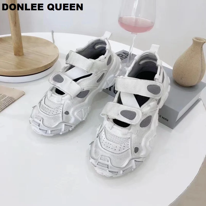 

2019 Hook Loop Distressed Sneakers Round Toe Women Shoes Autumn Zapato De Mujer Slip On Casual Shoes Fashion Flat Platform Shoes