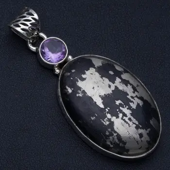 

Natural Apache Gold Stone and Amethyst Punk Style 925 Sterling Silver Pendant 2 1/4" P0311