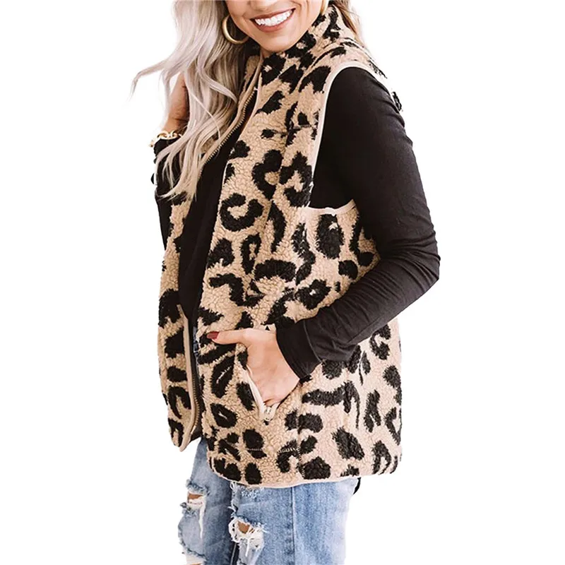 

Winter Women Vest Coats 2020 New Zipper Stand Collar Cotton Lepord Print Jacket Female Warm Thick Tops with Pocket Outwear