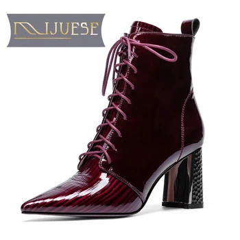 

MLJUESE 2021 women soft ankle boots cow leather zippers boots winter short plush pointed toe high heels women boots