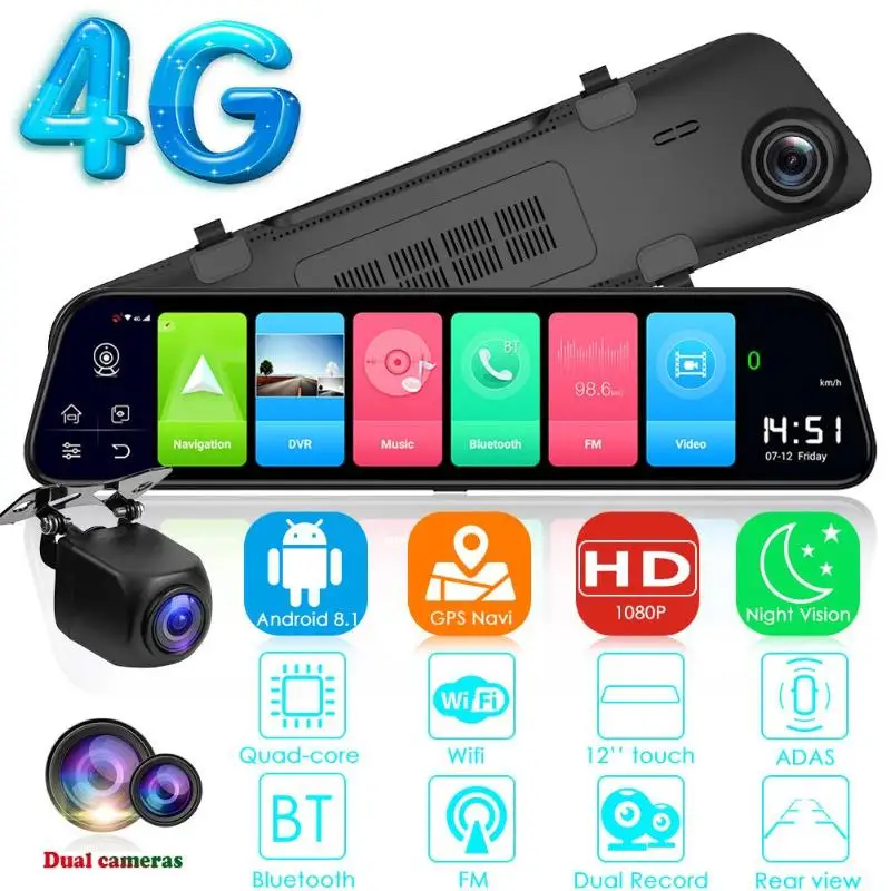 12 &quotзеркало заднего вида 4G Android 8 1 Автомобильный видеорегистратор Камера 2G ram 32G rom