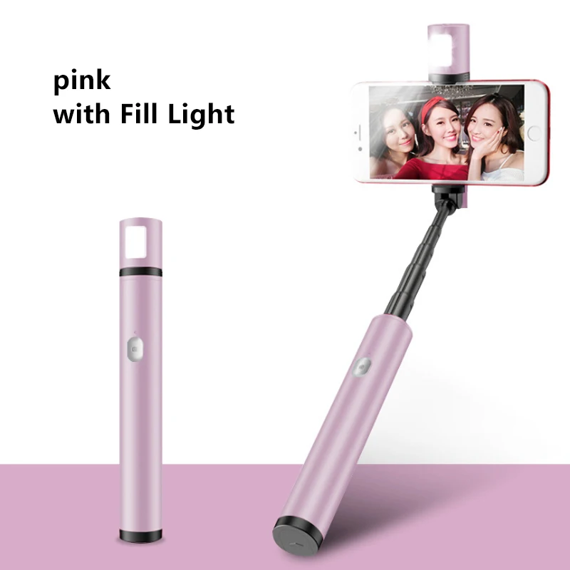 Protable Mini Bluetooth Selfie Stick with LED Fill Light for iPhone 11 Pro max, iPhone xr, Samsung HuaWei XiaoMi - Цвет: Pink