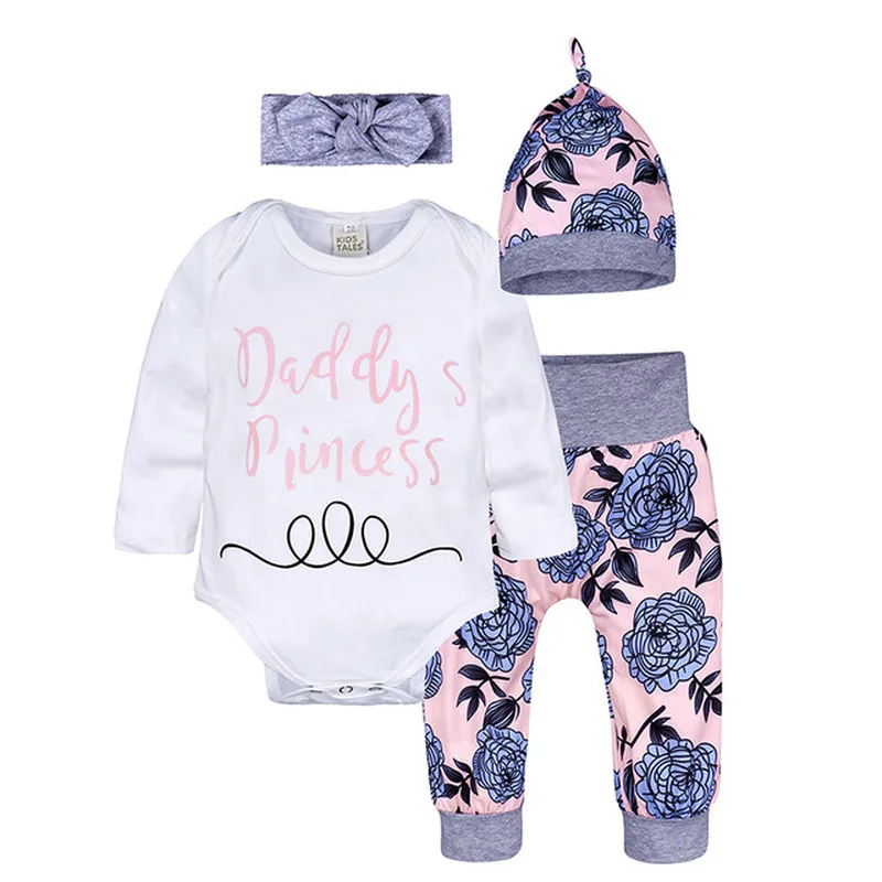 

Newborn Infant Baby Girl Clothes Set Fashion Letter Printing Cotton Tops Baby's Sets 4/3 PCS Bodysuit+Pants+Hat+Headband 3-24M