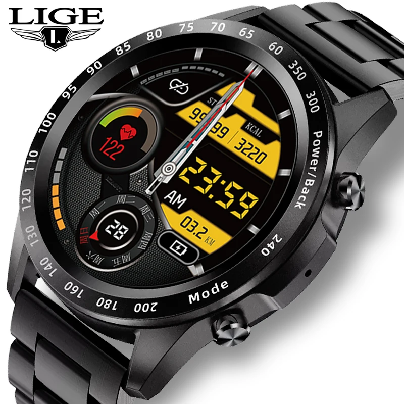 LIGE - Reloj inteligente para hombre, accesorio de pulsera resistente al agua IP68, con llamadas, Bluetooth, completamente táctil, rastreador de Fitness y presión arterial, 2021