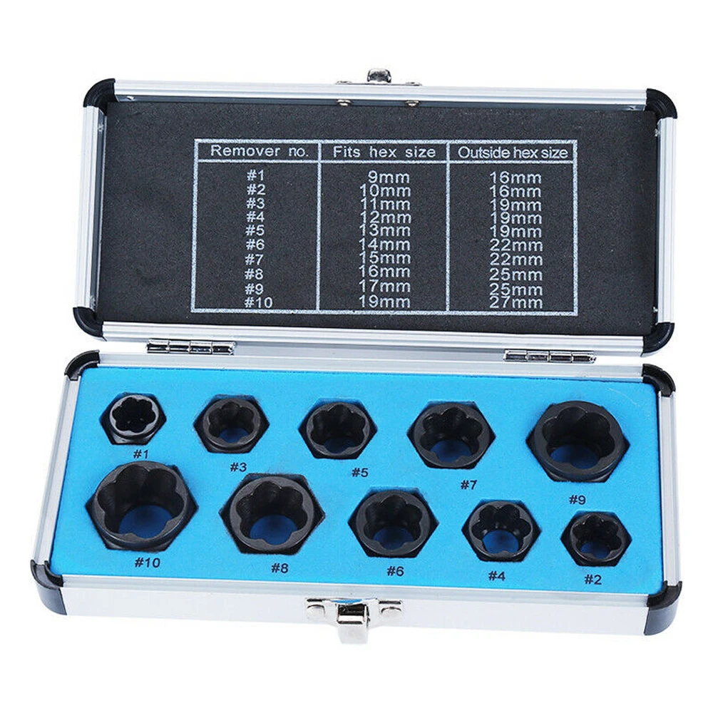 

10Pcs Damaged Nut Bolt Remover Stud Extractor Set 9-19mm Broken Bolt Removal Kit