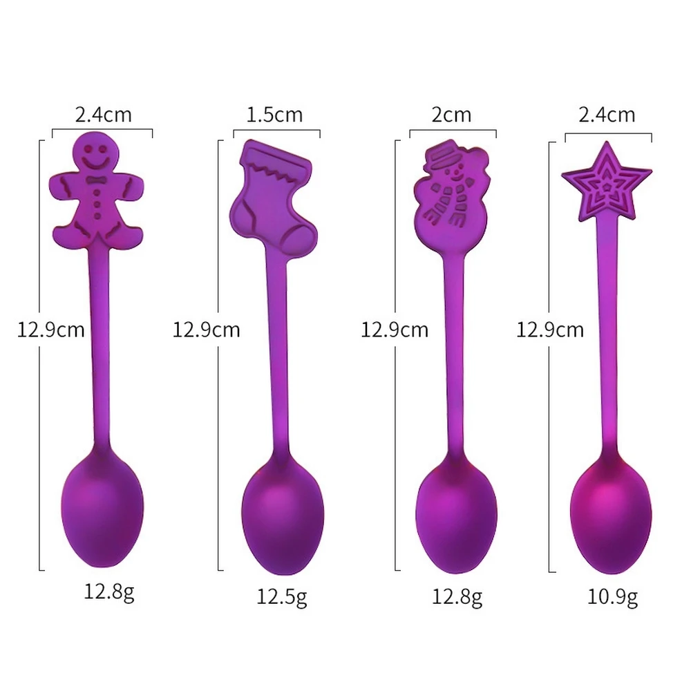 Фиолетовый 4pcs/set Coffee Spoons Christmas Tableware Ice Cream Dessert Spoon Snowman Tree Kids Drinking Tea Scoop Stainless Steel - Цвет: Фиолетовый