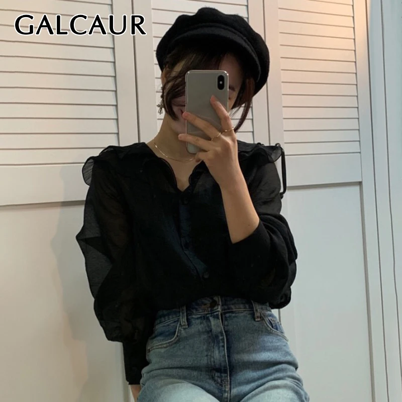 

GALCAUR Elegant Shirts For Women Ruffle Collar Lantern Long Sleeve Single Breasted Korean Female Shirt 2019 Autumn Fashion New