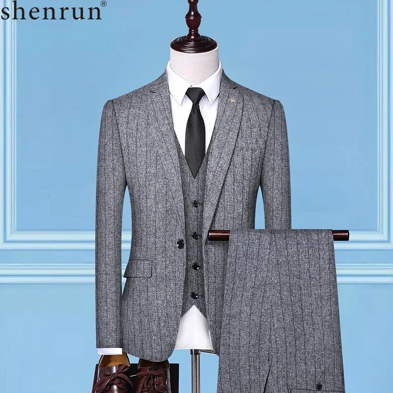 

Shenrun Men Suits Business Office Work Party Banquet Daily Life Groom Wedding Suit Stripe Slim Linen 3 Pieces Single Breasted