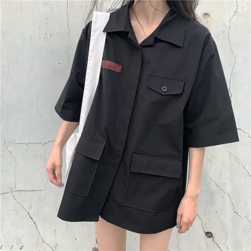 Летняя женская одежда новая брендовая корейская мода Harajuku стиль сафари блузка отложной воротник карманы Свободные повседневные хипстерские рубашки