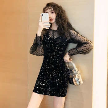 

2019 New Arrival Sexy Two Piece Set for Women See Through Polka Dot Lace Blouse and Black Velvet Sequin Dress Ladies 2 Piece Set