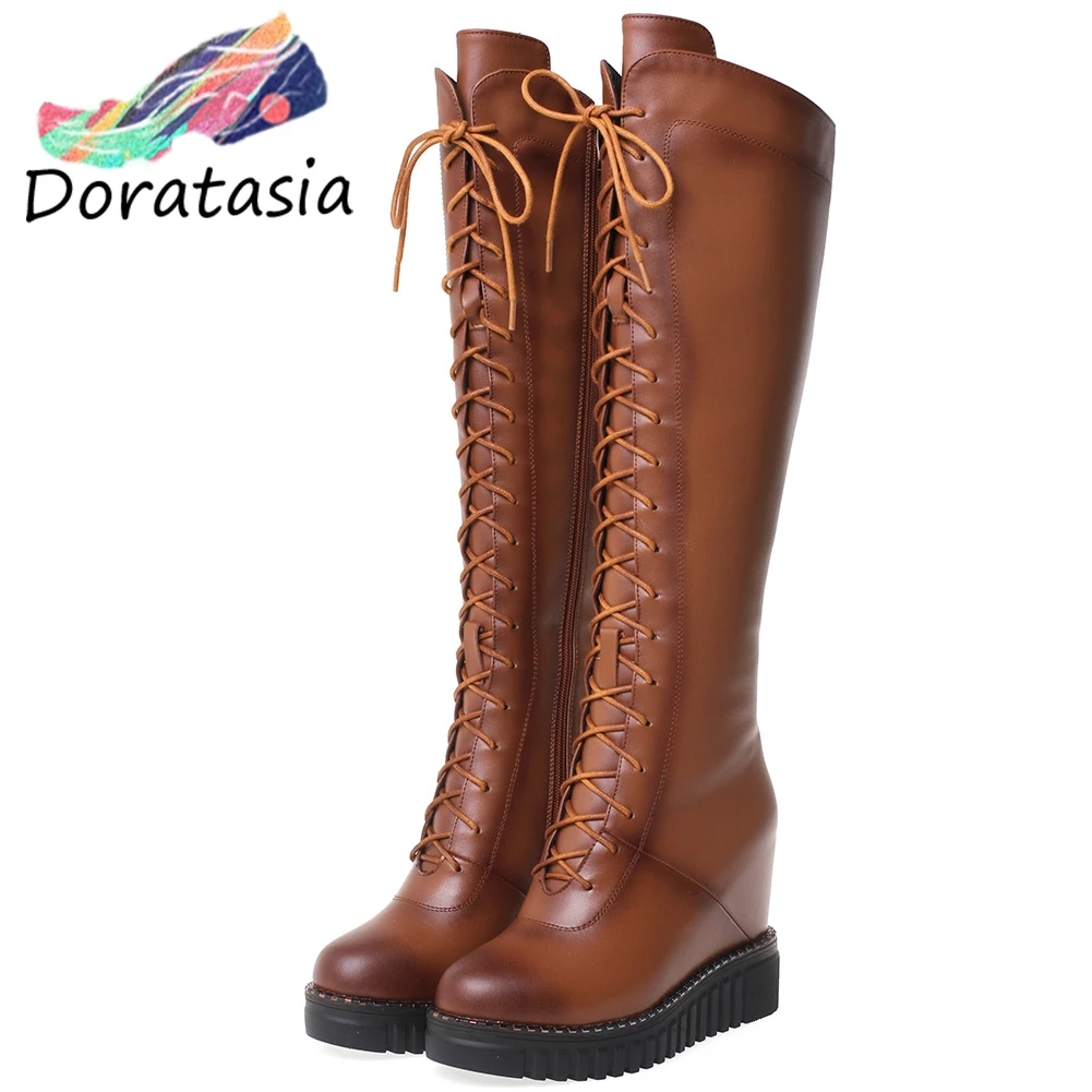 

DORATASIA new 32-40 fashion Ladies genuine leather high height increasing shoes woman cross tied knee high boots women 2020