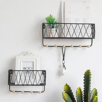 

New Nordic creative home wall storage rack iron art grid wall hanging shelf with hook door key holder