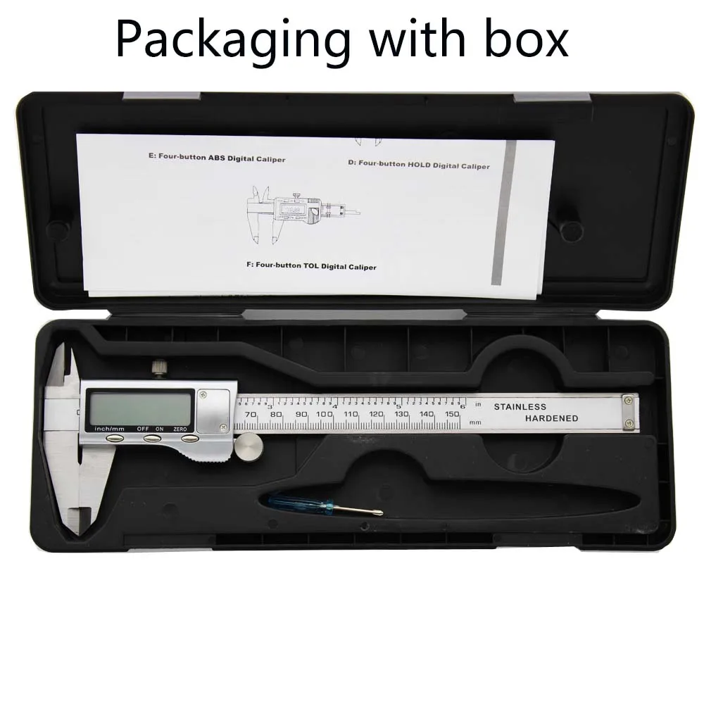 Packaging with box Цифровой штангенциркуль 0-150 мм/" металлический корпус из нержавеющей стали цифровой штангенциркуль точный измеритель Электронный штангенциркуль - Цвет: Packaging with box