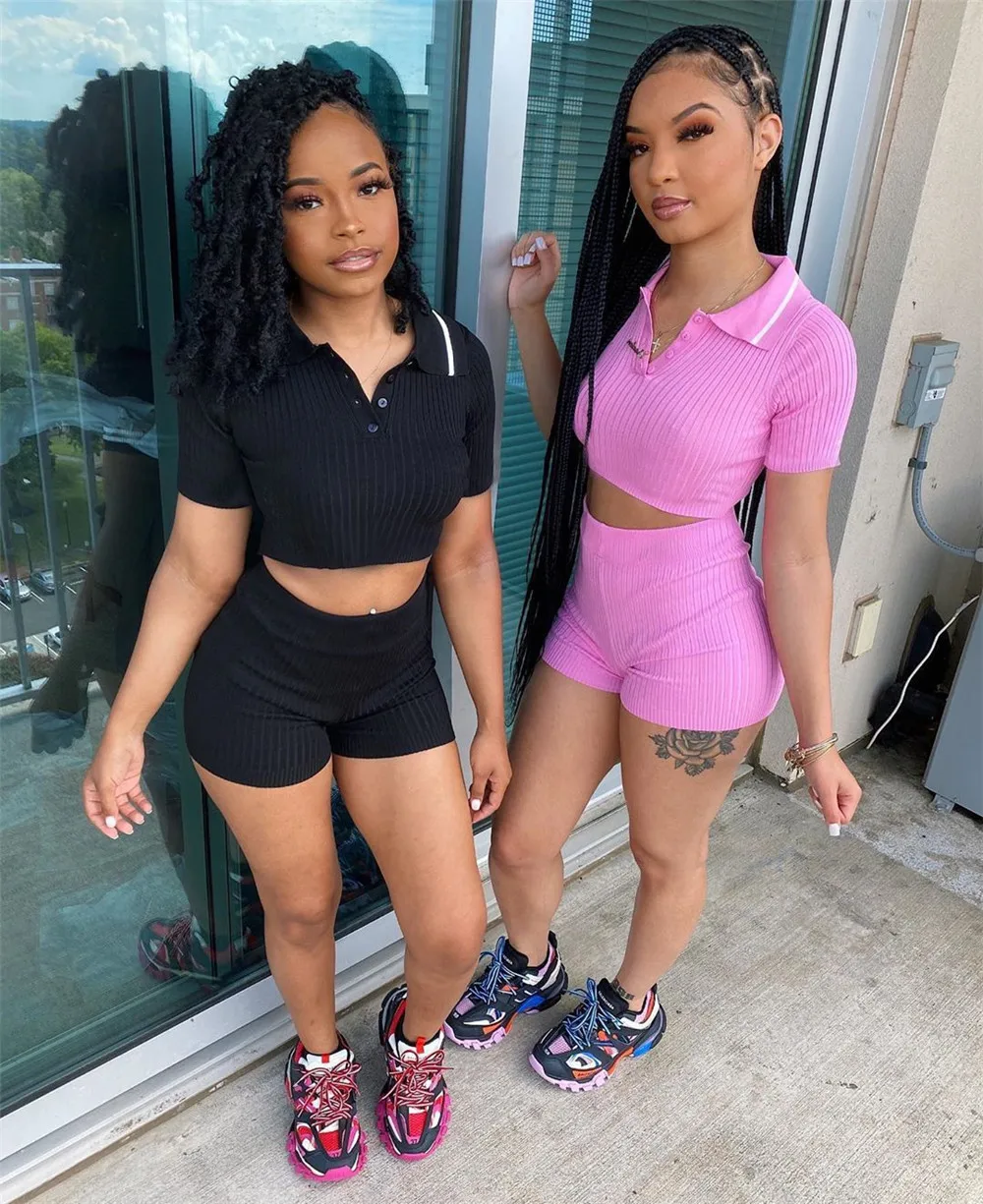 Knitting Ribbed Two Piece Short Set For 