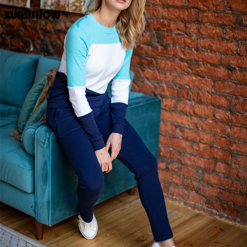 Cena XUANSHOW 2019 dres kobiety odzież sportowa jesień zima Splice z długim rękawem polar długie spodnie 2 sztuka zestaw pani odzież S XXL