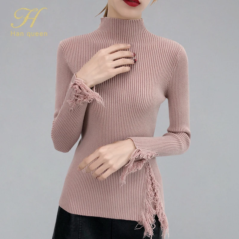 

H han queen 2019 Autumn Clothing Women Pullover Sweater Knitted Korean Elasticity Casual Jumper Turtleneck Warm Female Sweaters