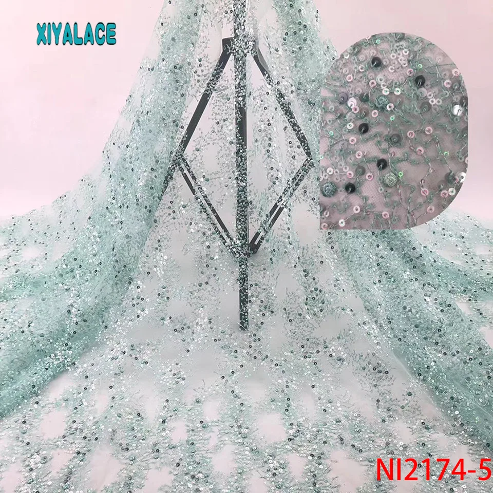 Нигерийская кружевная ткань Африканская кружевная ткань Блестки свадебное платье Тюль Кружева Вечерние платья новое французское клетчатое кружево голубой 5 ярдов NI2174-6