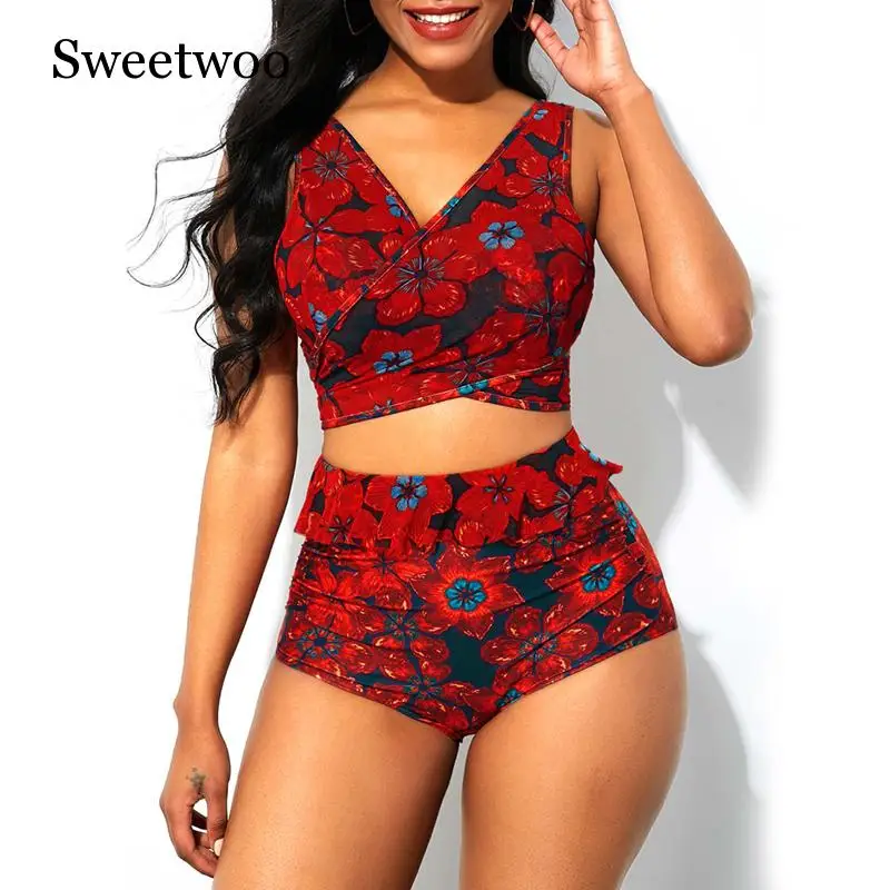

2020 Summer Swimwear Plus Size Two Piece Bikini Set Low Cut Bathing Suit Floral Print Tankini Plus Size Women Ruffle Swimsuit