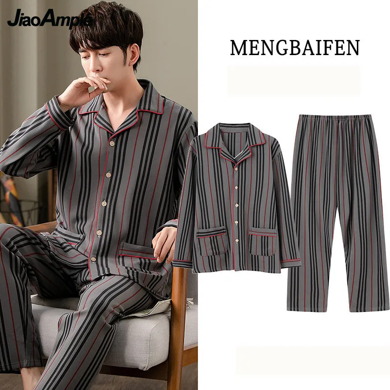 Men's Pajamas Autumn 2022 New Pure Cotton Striped Long-sleeved Trousers Pyjamas Two-piece Set Lapel Nightie Home Clothes Suit