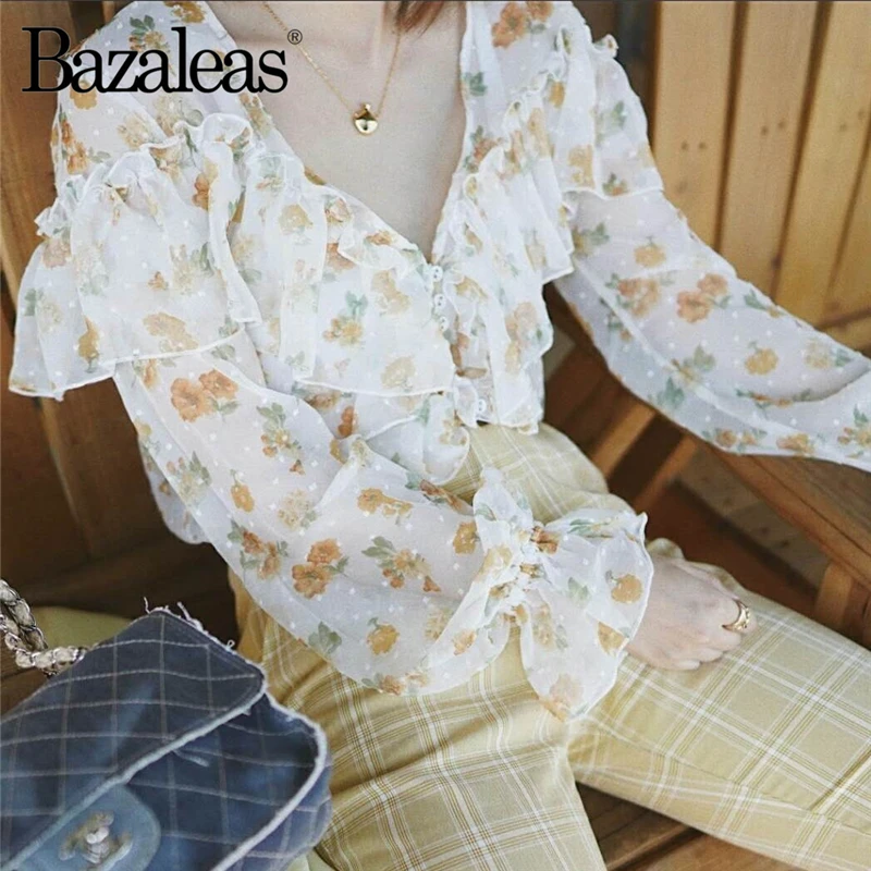 

Bazaleas Vintage Buttons Flare Sleeve blusa feminina Fashion Ruffles V Neck blouse women Chic Chiffon blusas drop shipping