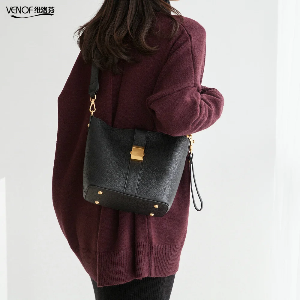 

VENOF luxury genuine leather bucket bag for women ladies Shoulder bag Female crossbody bags fashion women leather handbags black