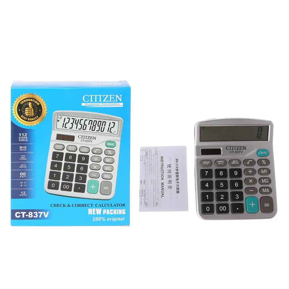 

100% Brand New and High Quality 12-Digit Electronic Calculator Battery Solar Powered LCD Large Display CT-837V